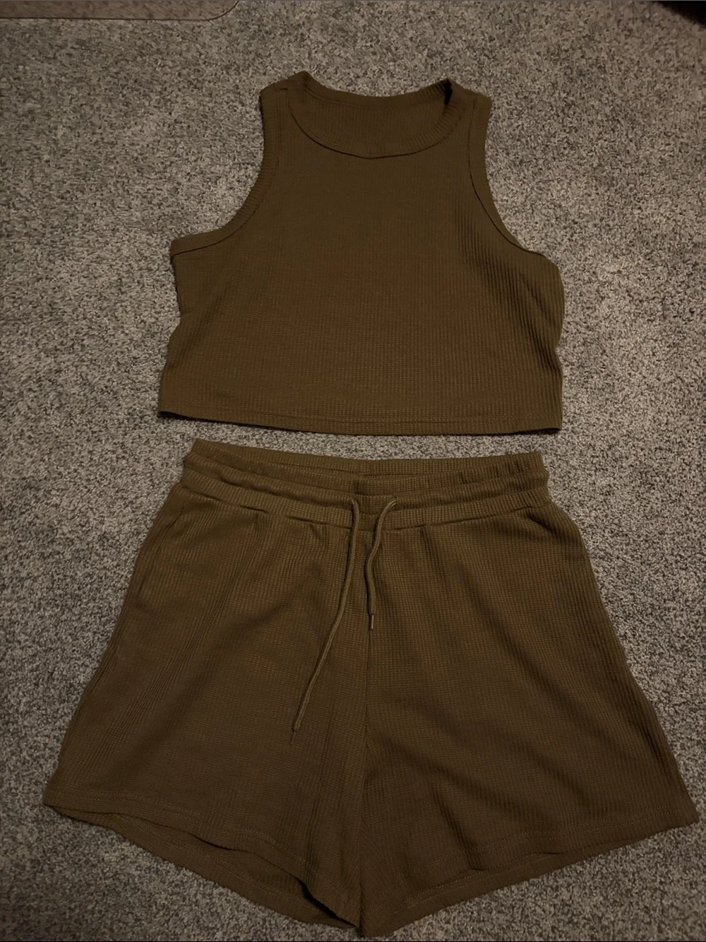 Ribbed Cropped Tank and Drawstring Shorts Set - Olive